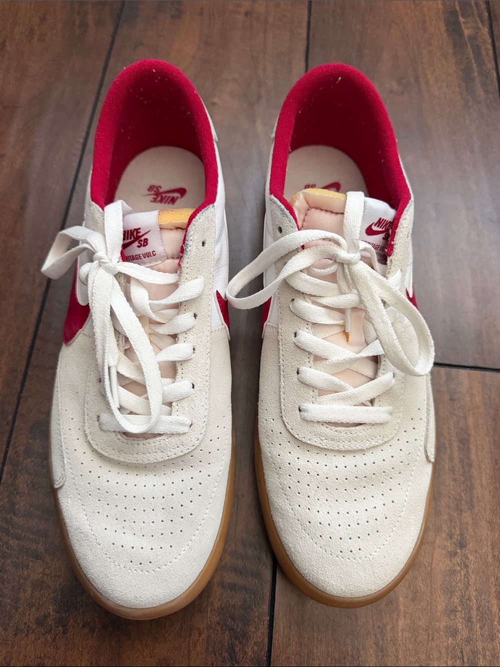 Nike Women’s Cream Suede Sneakers with Red Accents and Gum Sole